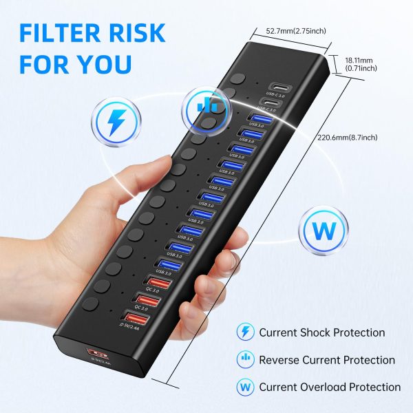 Powered USB 3.0 Hub, 16-Port USB C Hub Splitter with Individual Switches - Image 9