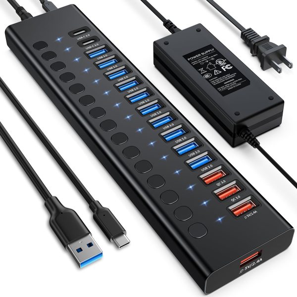 Powered USB 3.0 Hub, 16-Port USB C Hub Splitter with Individual Switches