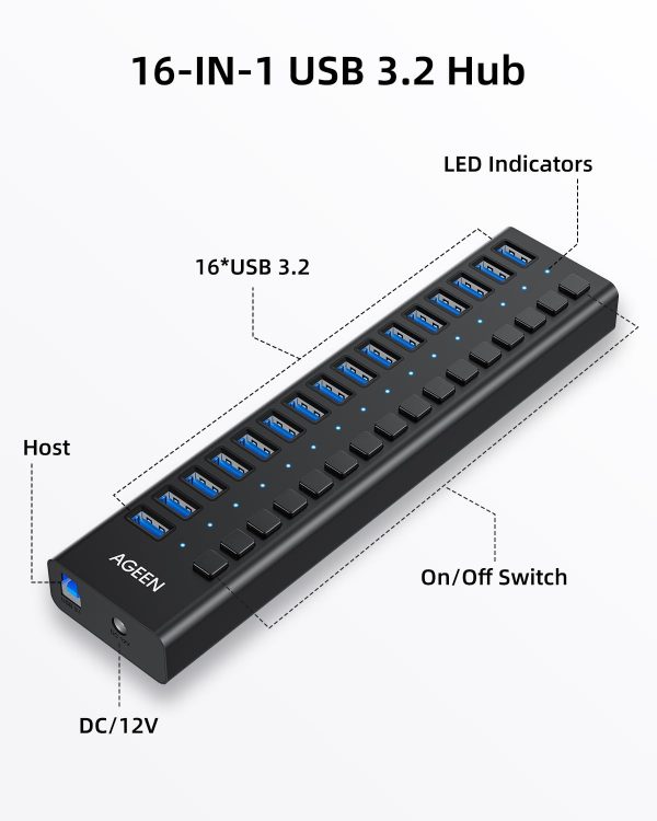 AGEEN 16-Port Powered USB Hub – USB 3.2 Gen 2 (10Gbps), Aluminum Housing with 96W Power Adapter - Image 2
