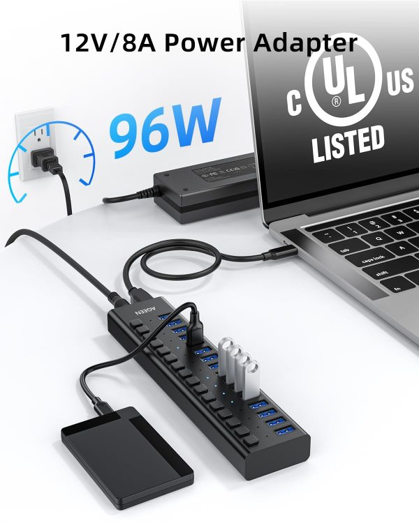 AGEEN 16-Port Powered USB Hub – USB 3.2 Gen 2 (10Gbps), Aluminum Housing with 96W Power Adapter - Image 4