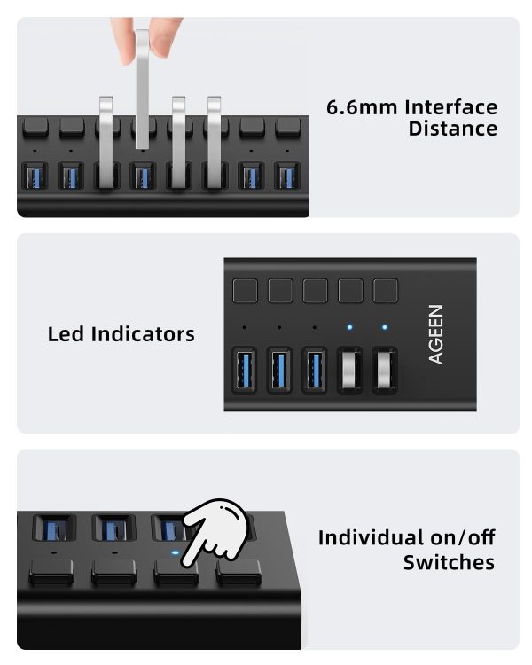 AGEEN 16-Port Powered USB Hub – USB 3.2 Gen 2 (10Gbps), Aluminum Housing with 96W Power Adapter - Image 5