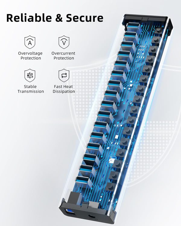 AGEEN 16-Port Powered USB Hub – USB 3.2 Gen 2 (10Gbps), Aluminum Housing with 96W Power Adapter - Image 9