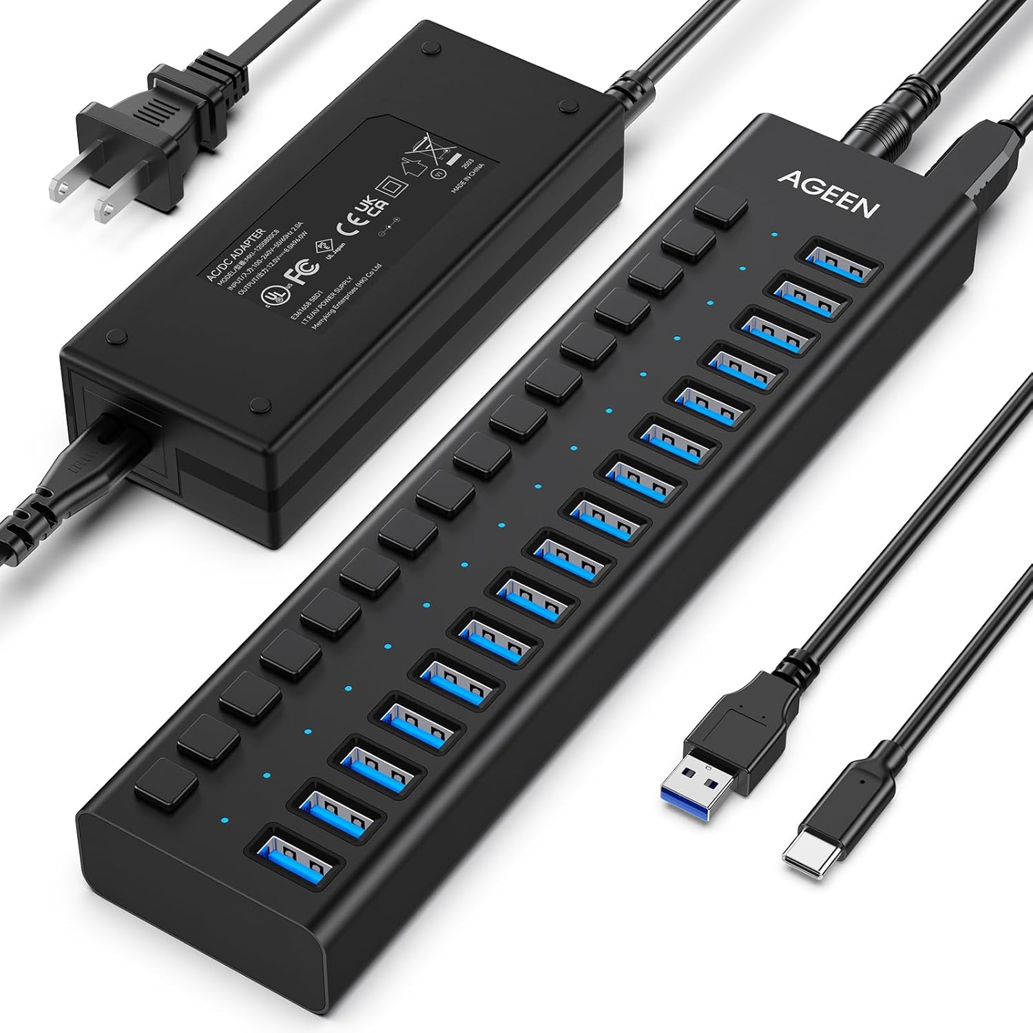 AGEEN 16-Port Powered USB Hub – USB 3.2 Gen 2 (10Gbps), Aluminum Housing with 96W Power Adapter