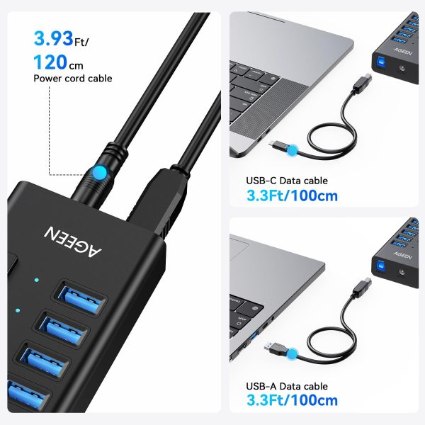 AGEEN 16-Port Powered USB Hub – USB 3.2 Gen 2 (10Gbps), Aluminum Housing with 96W Power Adapter - Image 6