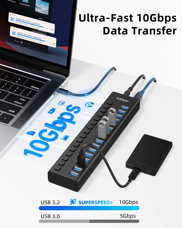 AGEEN 16-Port Powered USB Hub – USB 3.2 Gen 2 (10Gbps), Aluminum Housing with 96W Power Adapter - Image 3