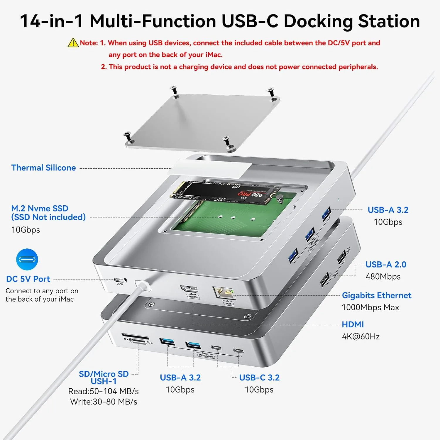 AGEEN 14-Port 10Gbps USB-C Hub for iMac 24 inch 2021/2023/2024 M1/M3/M4 - Image 2